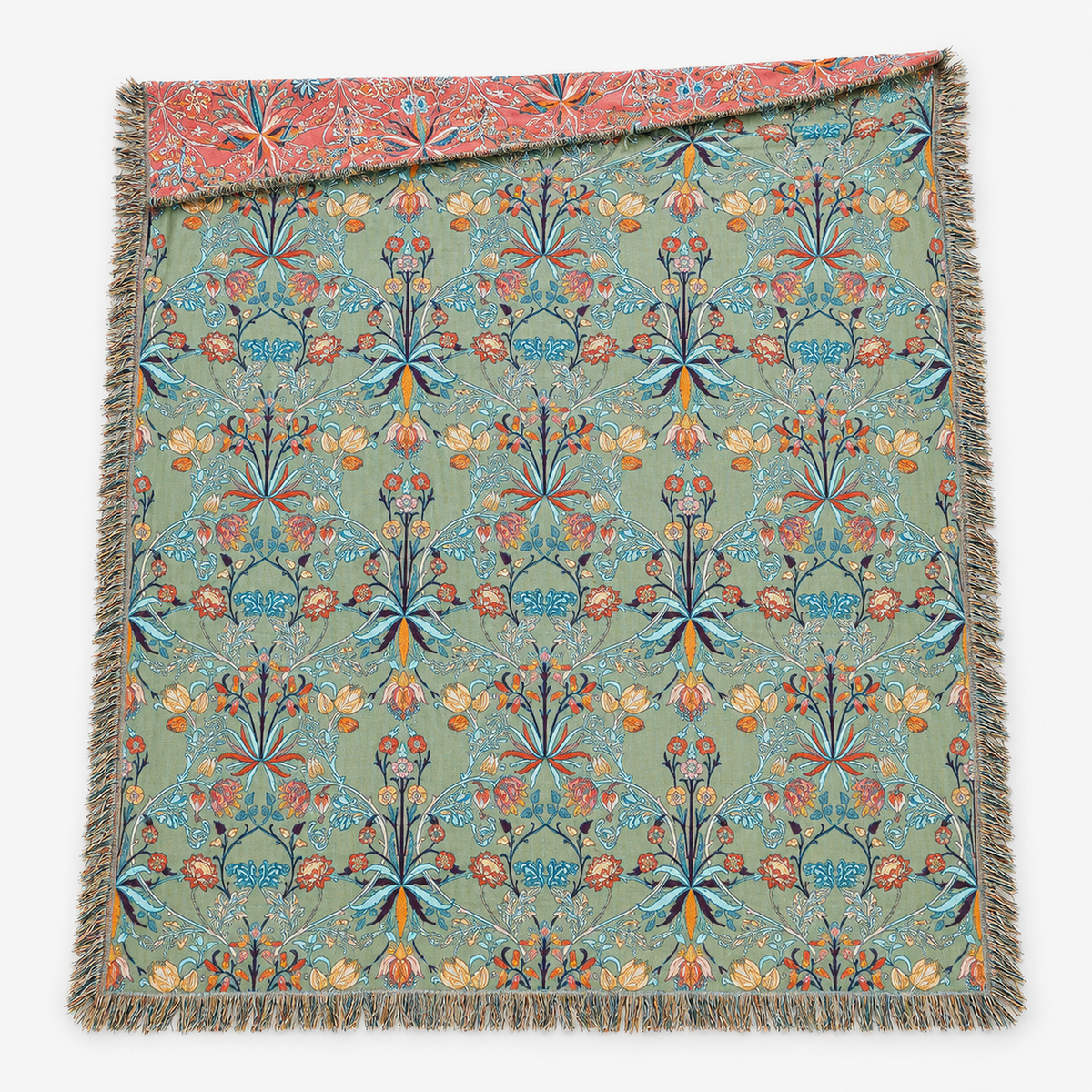 Corisena green floral throw blanket laid fully open to show the floral pattern and tassel fringe edges