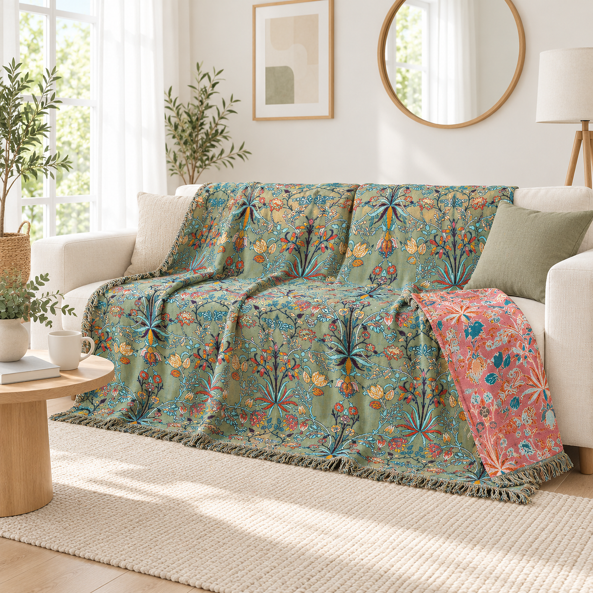 Corisena green throw blanket draped across an ivory sofa beside a broad window