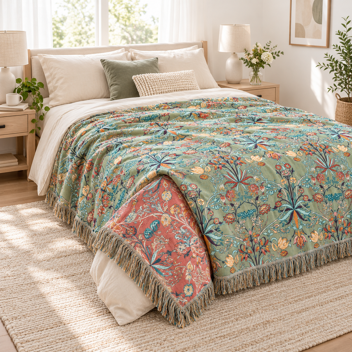 Corisena green throw blanket with one corner turned back to show its reversible floral design and tassel fringe