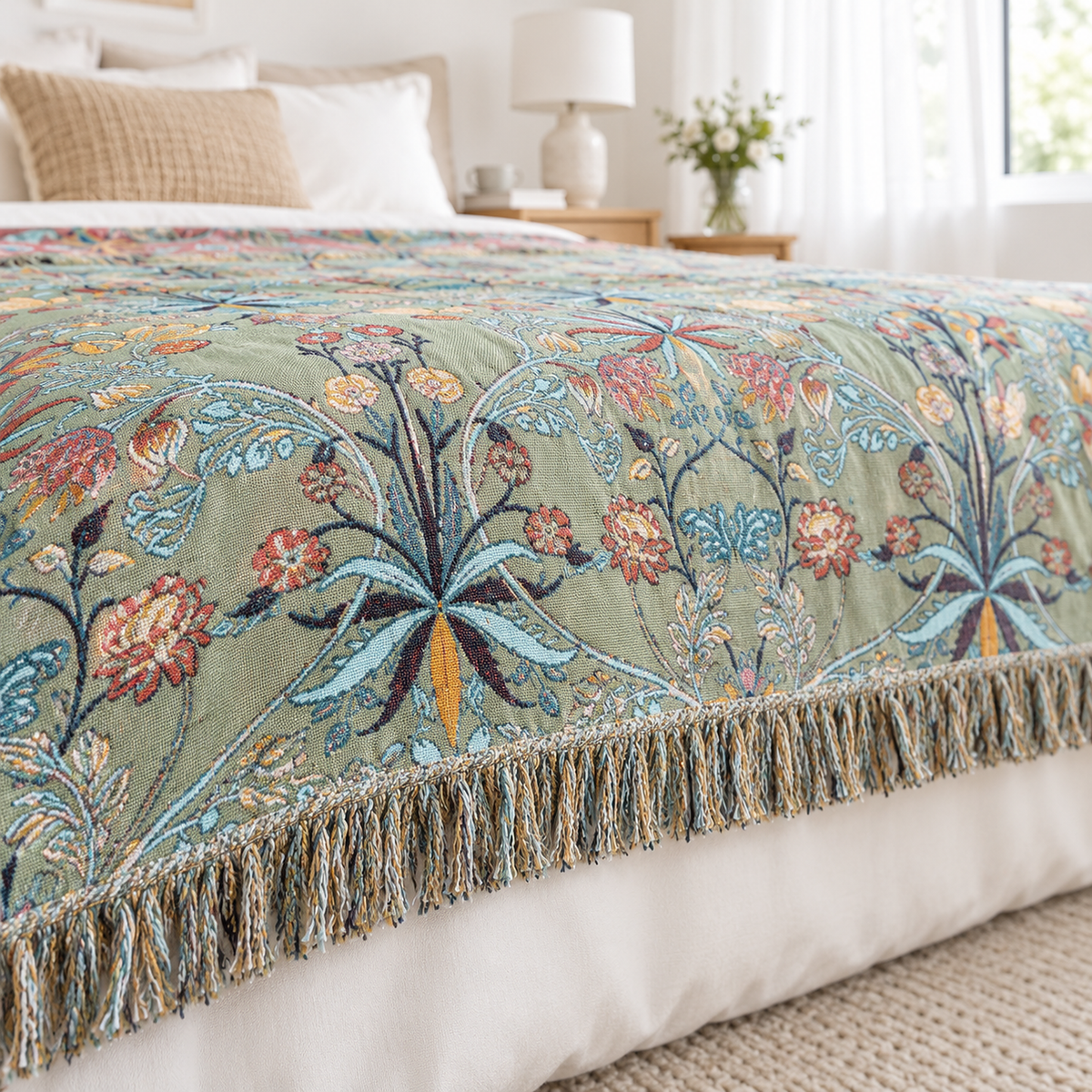 Corisena green floral cotton bedspread laid flat on a made bed with its woven face and tassel fringe hanging