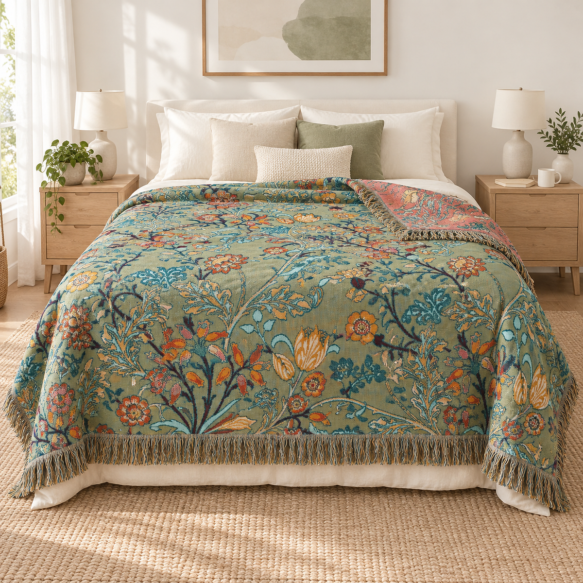 Corisena green throw blanket spread over a made bed, hanging down evenly on both sides