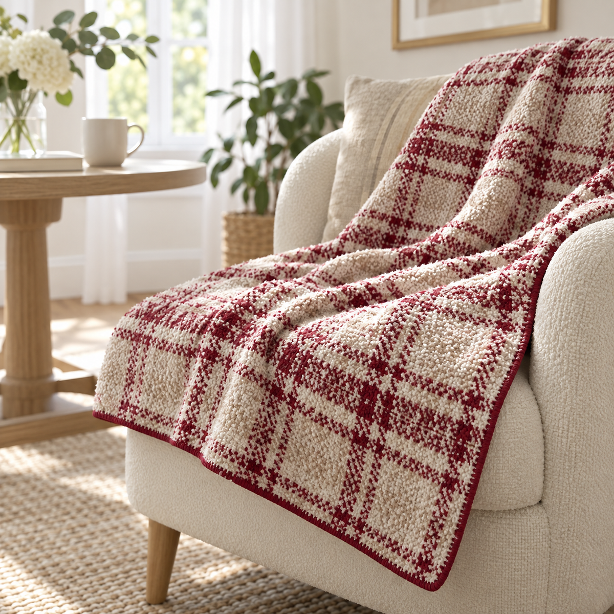 Corlami berry check throw blanket close up of the narrow red edging in a breakfast bay