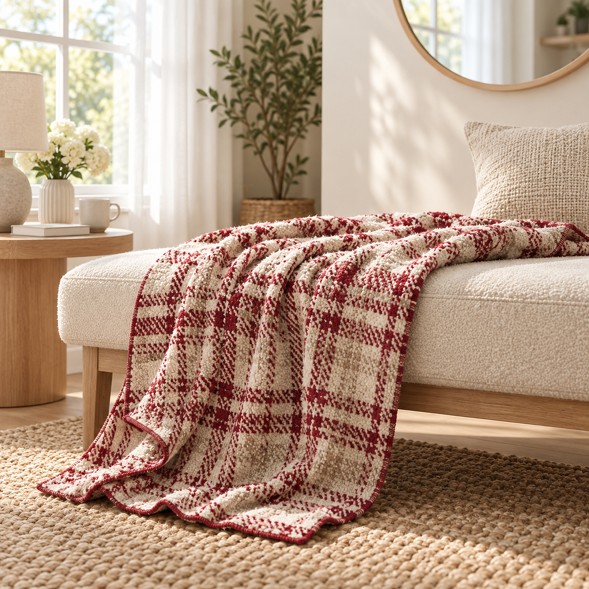 Corlami berry check throw blanket in a single layer on an entry bench with one corner turned