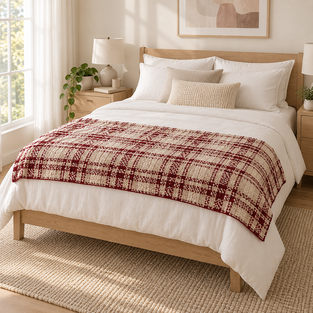 Corlami berry check throw blanket open across the foot of a guest bed