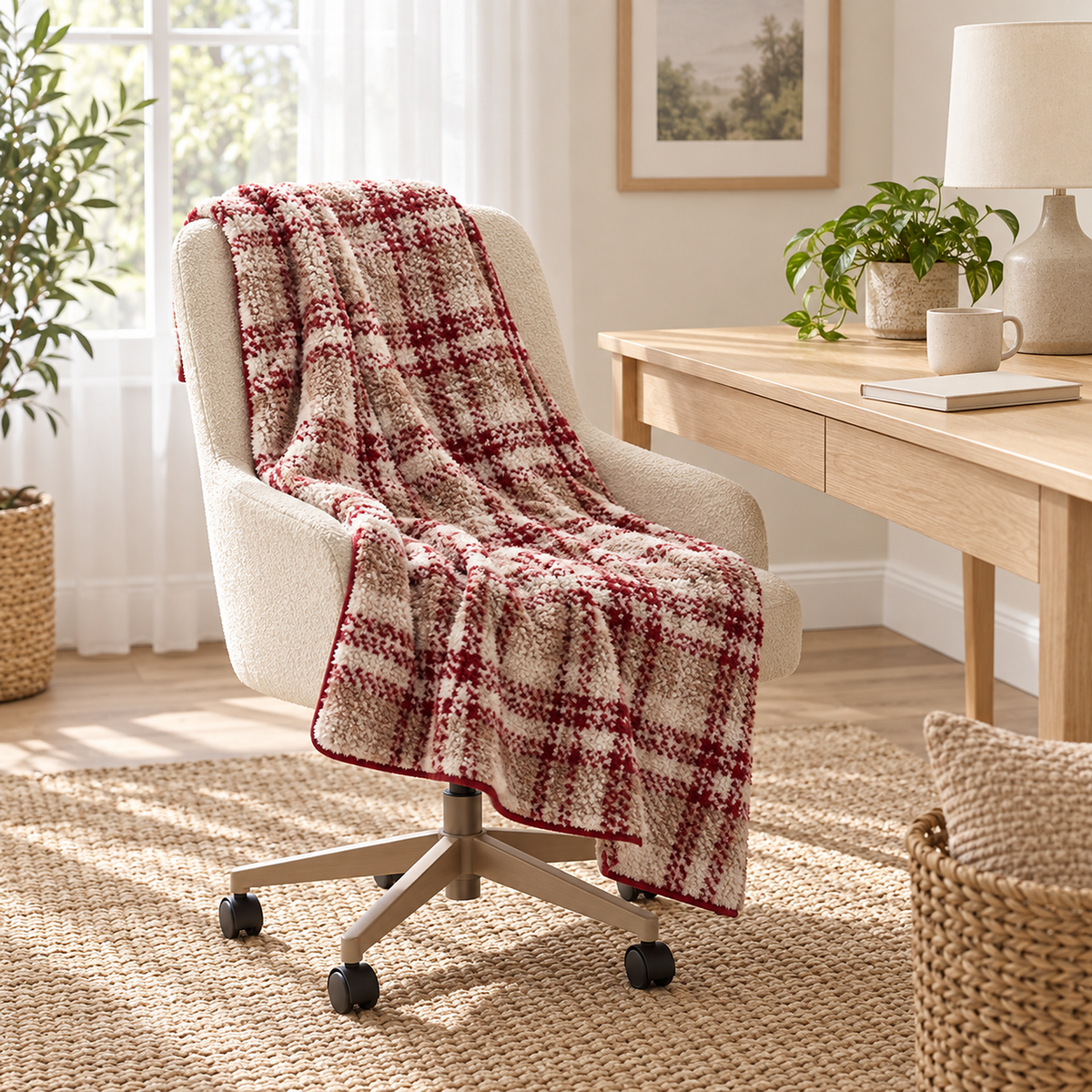 Corlami berry check throw blanket open over a chair in a bright study