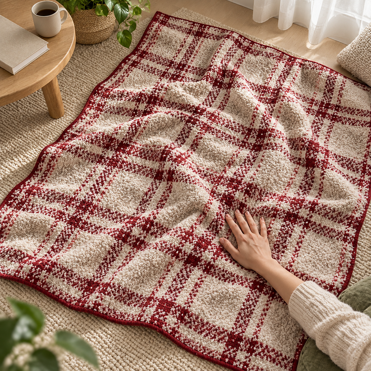 Corlami berry check throw blanket pressed under an adult hand to show the texture