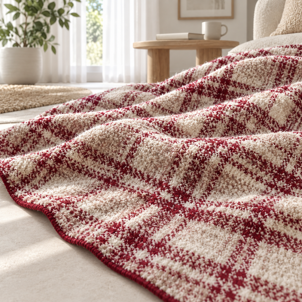 Corlami berry check throw blanket close up of the woven printed plaid surface