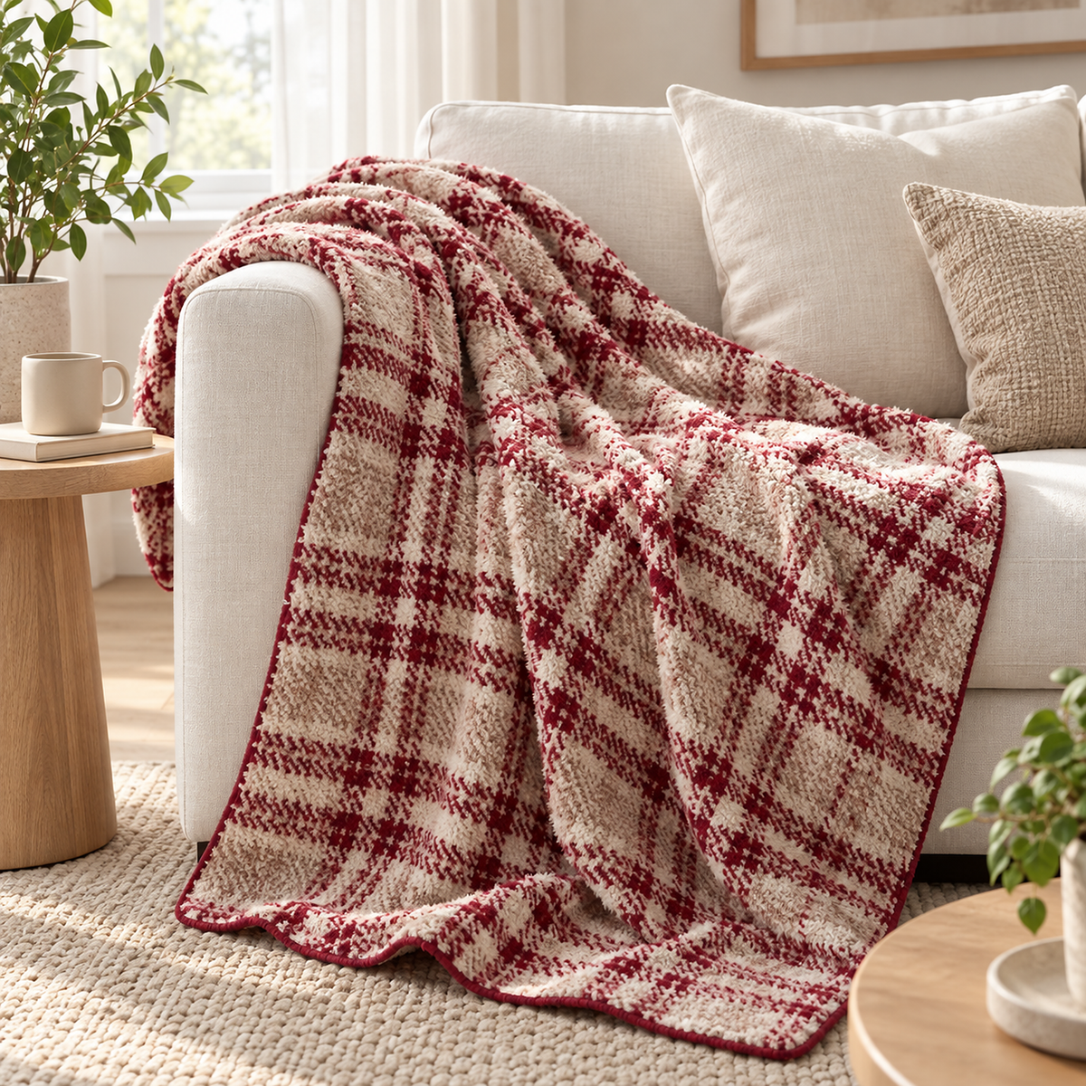 Corlami berry check throw blanket for couch draped over a sofa arm in a bright living room