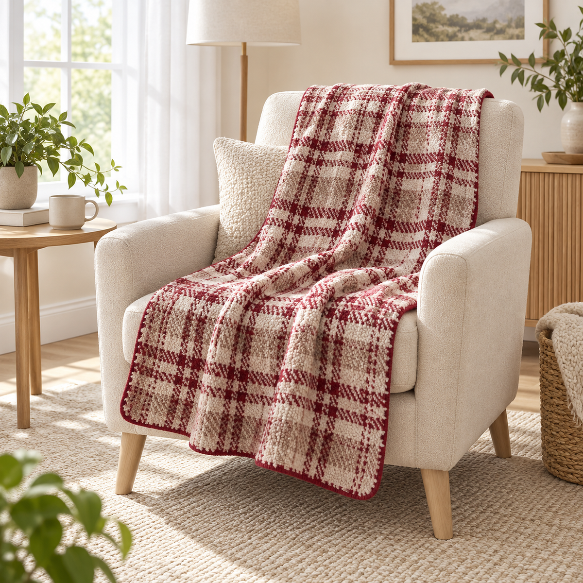 Corlami berry check throw blanket for couch draped over an ivory armchair in a den reading corner