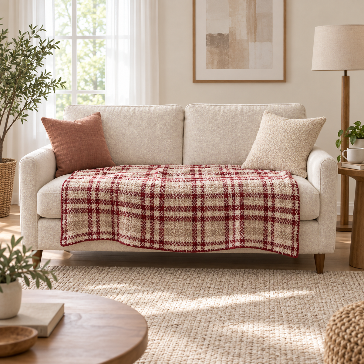 Corlami berry check throw blanket for couch draped lengthwise over a loveseat in a sitting room