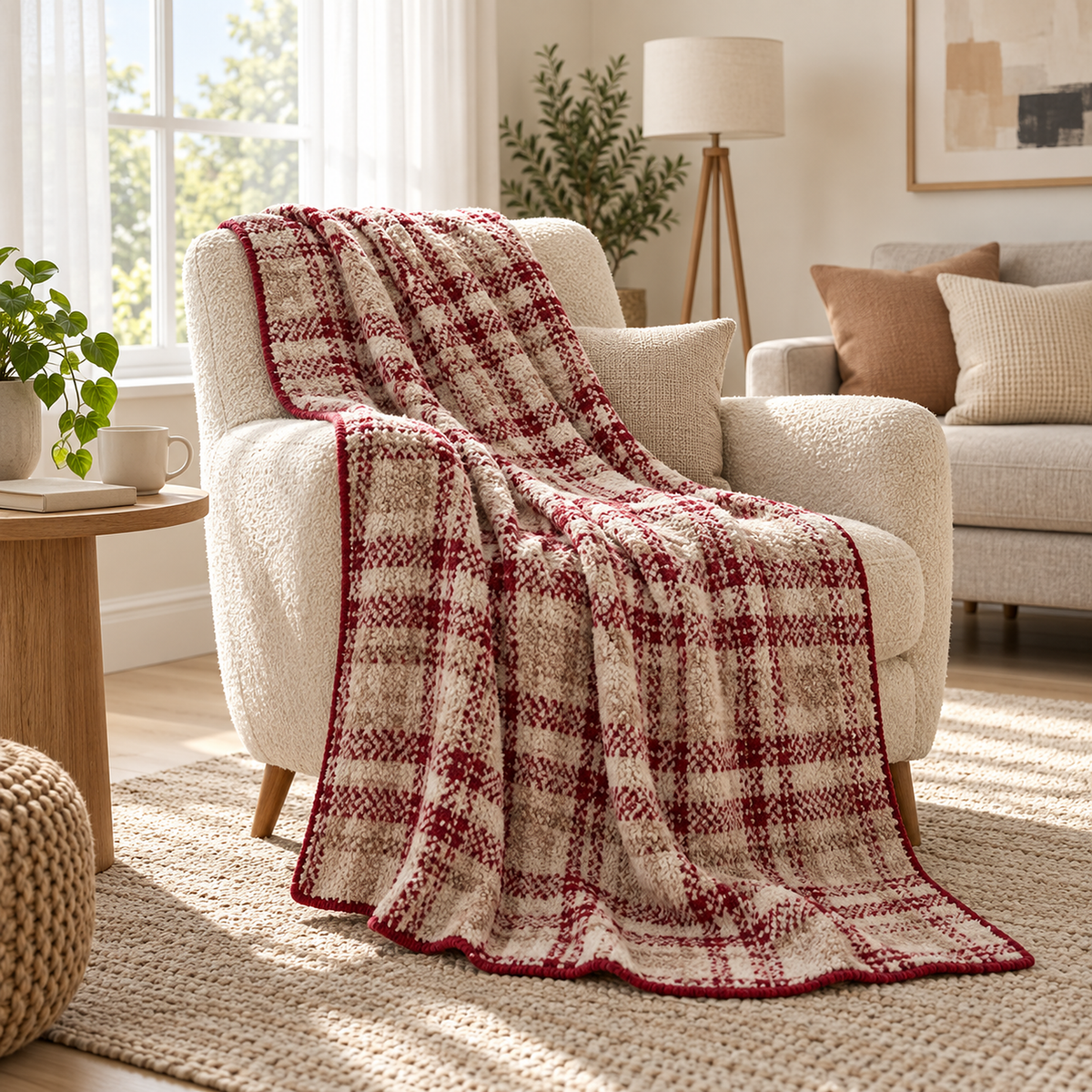 Corlami red and cream plaid throw blanket for couch with red edging draped over a cream armchair onto a rug