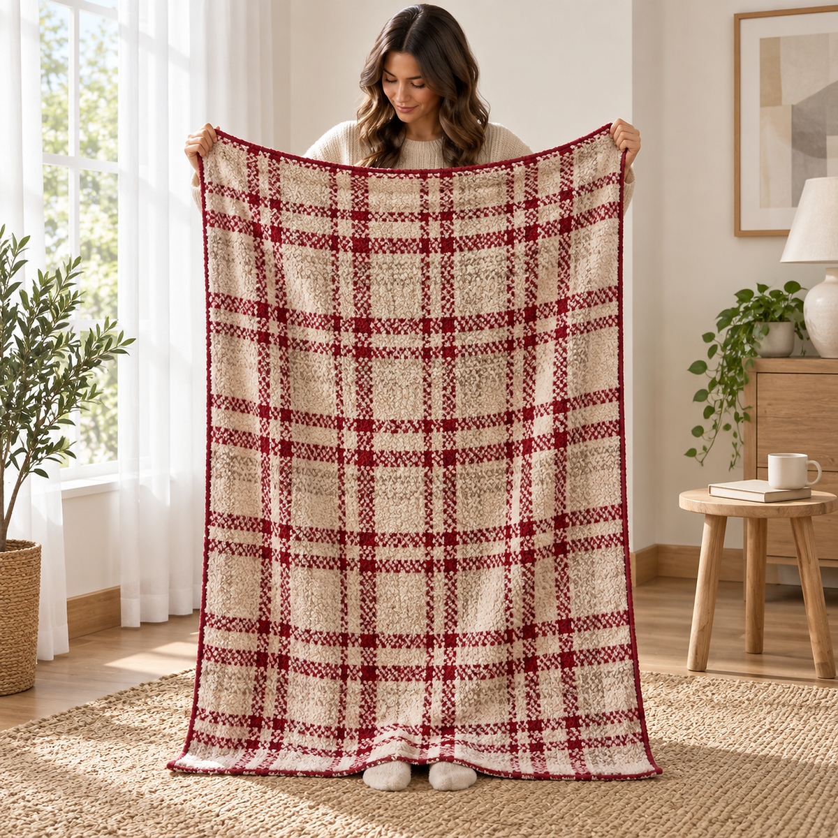 Corlami berry check throw blanket held open to show its true 160 by 120 cm size