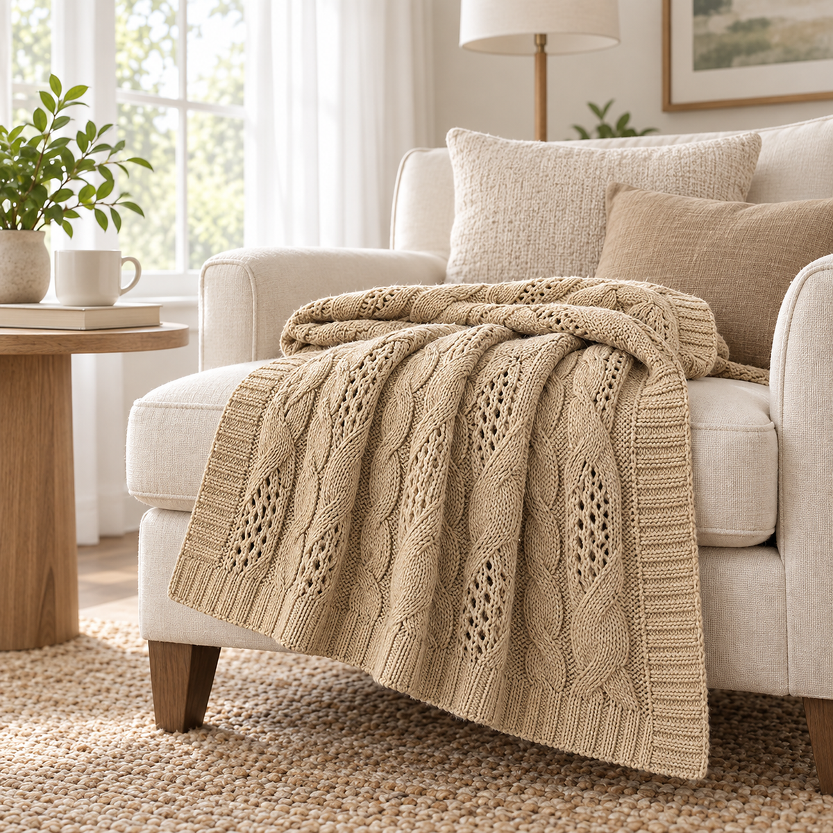 Corlavi beige soft throw blanket folded in layers on an armchair in a quiet sitting room