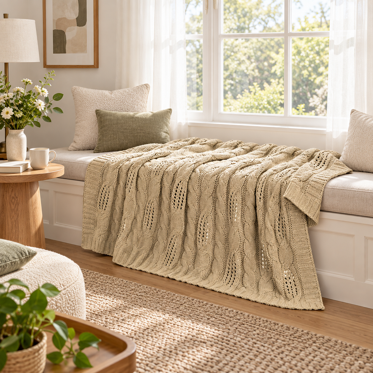 Corlavi beige soft throw blanket laid open face up across a cushioned window seat