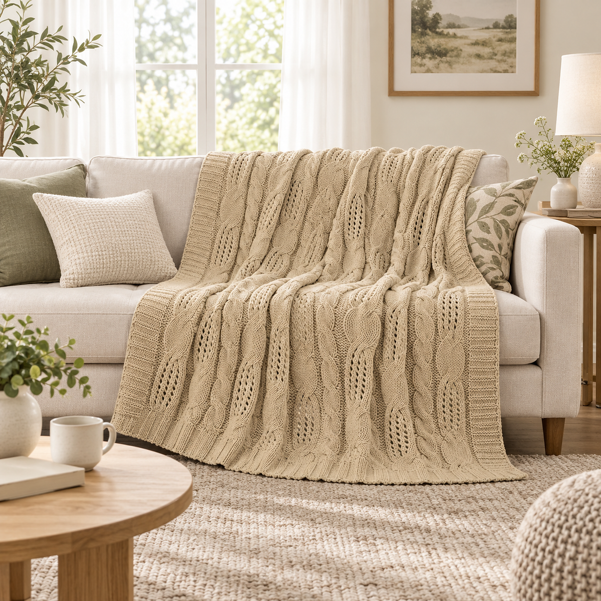 Corlavi beige throw blanket for couch spread across the sofa seat and back in a bright living room