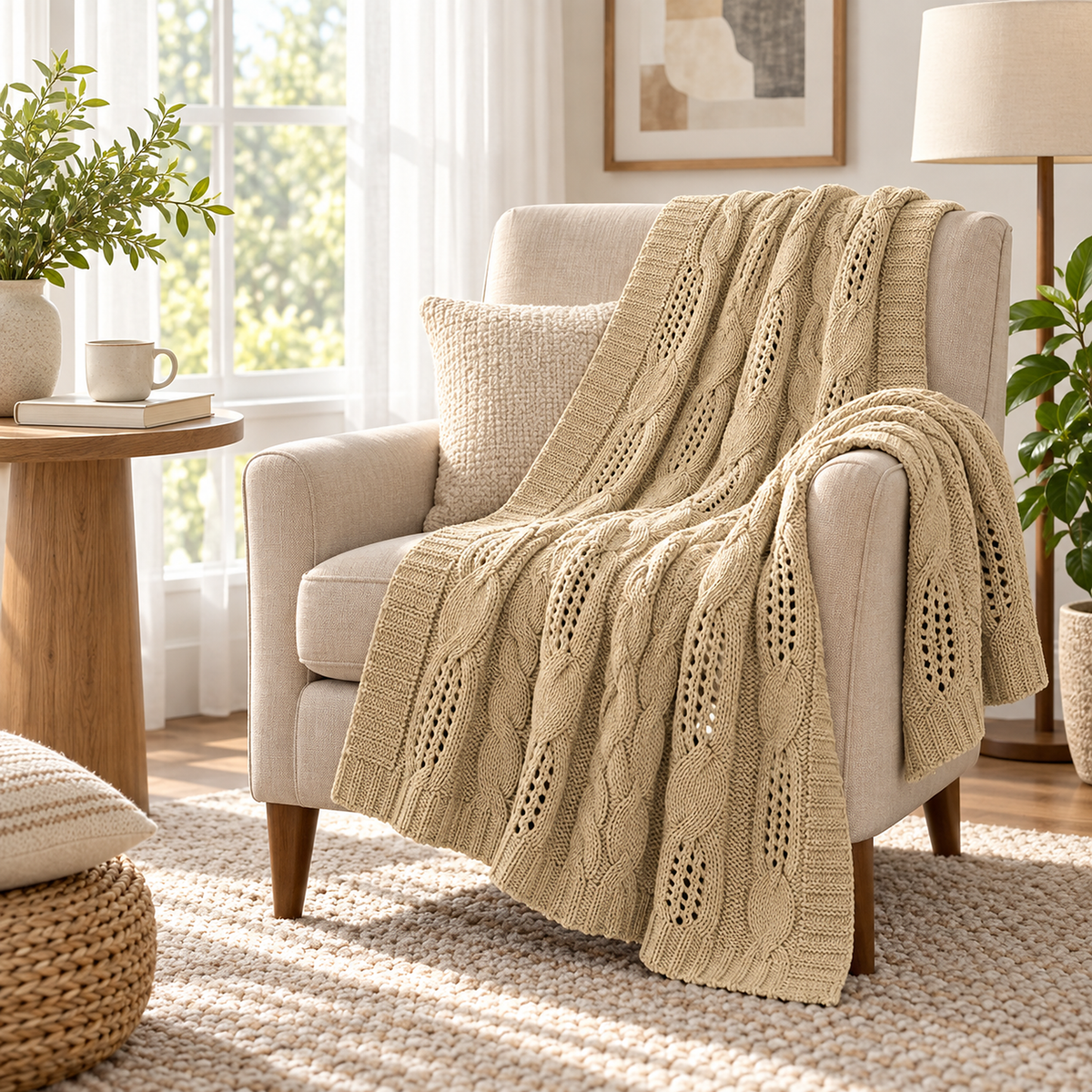 Corlavi beige throw blanket with cable knit draped over an armchair in a furnished reading corner
