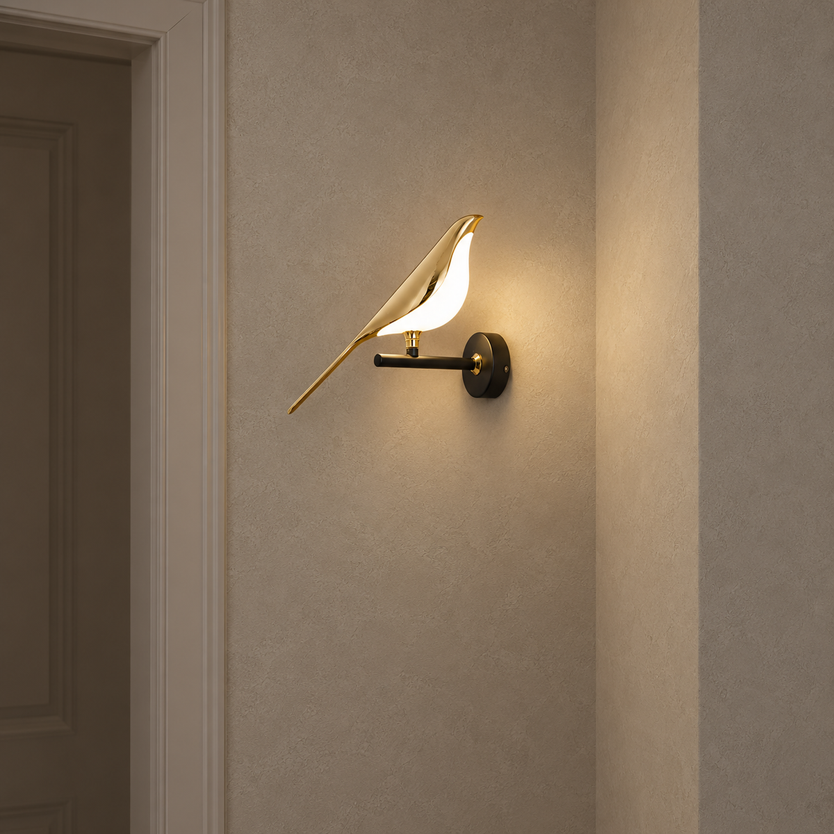 Corsavel 1 bird gold and black hardwired wall light lit beside the door trim in a hallway
