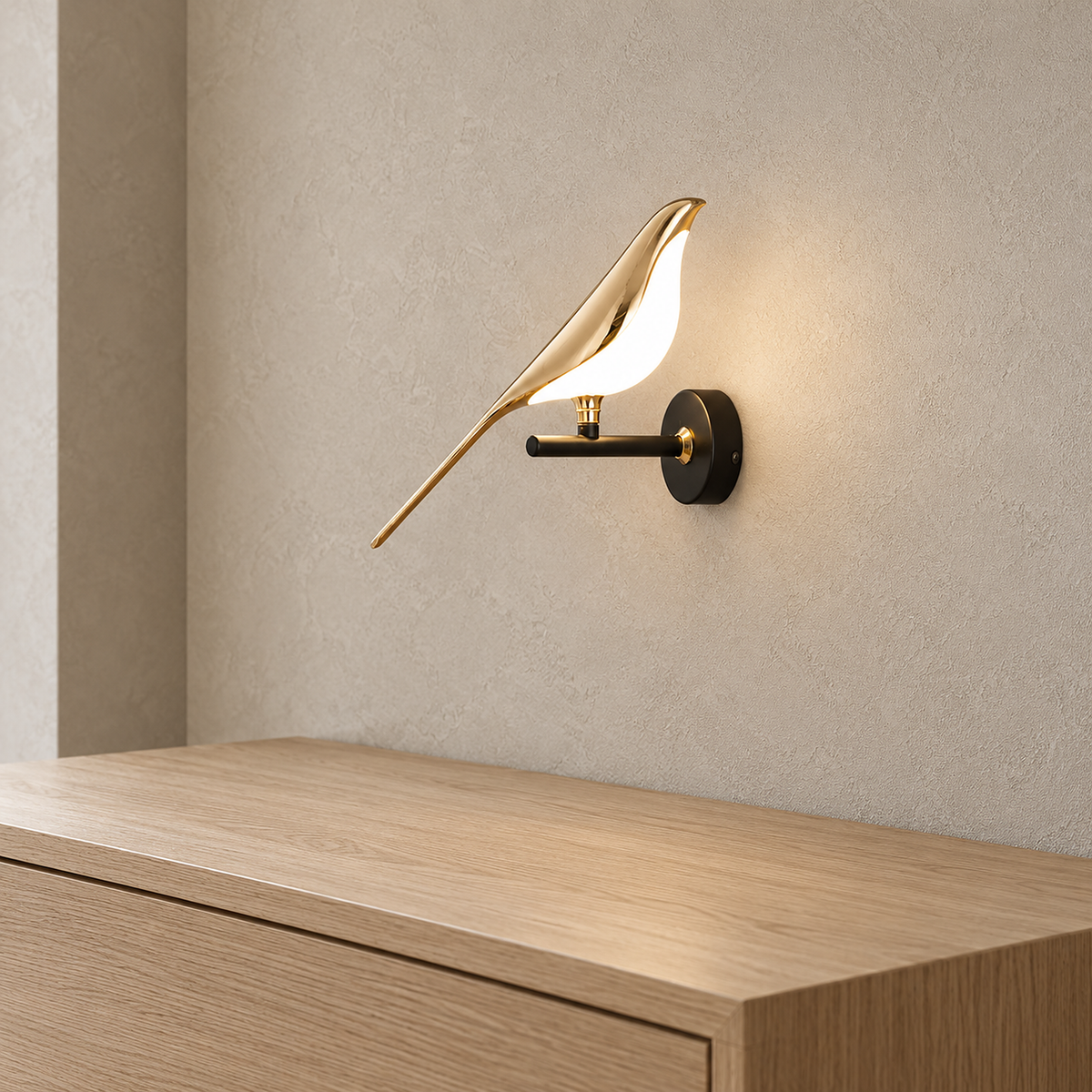 Corsavel 1 bird gold and black wall light switched on, brightening an entryway passage in daylight