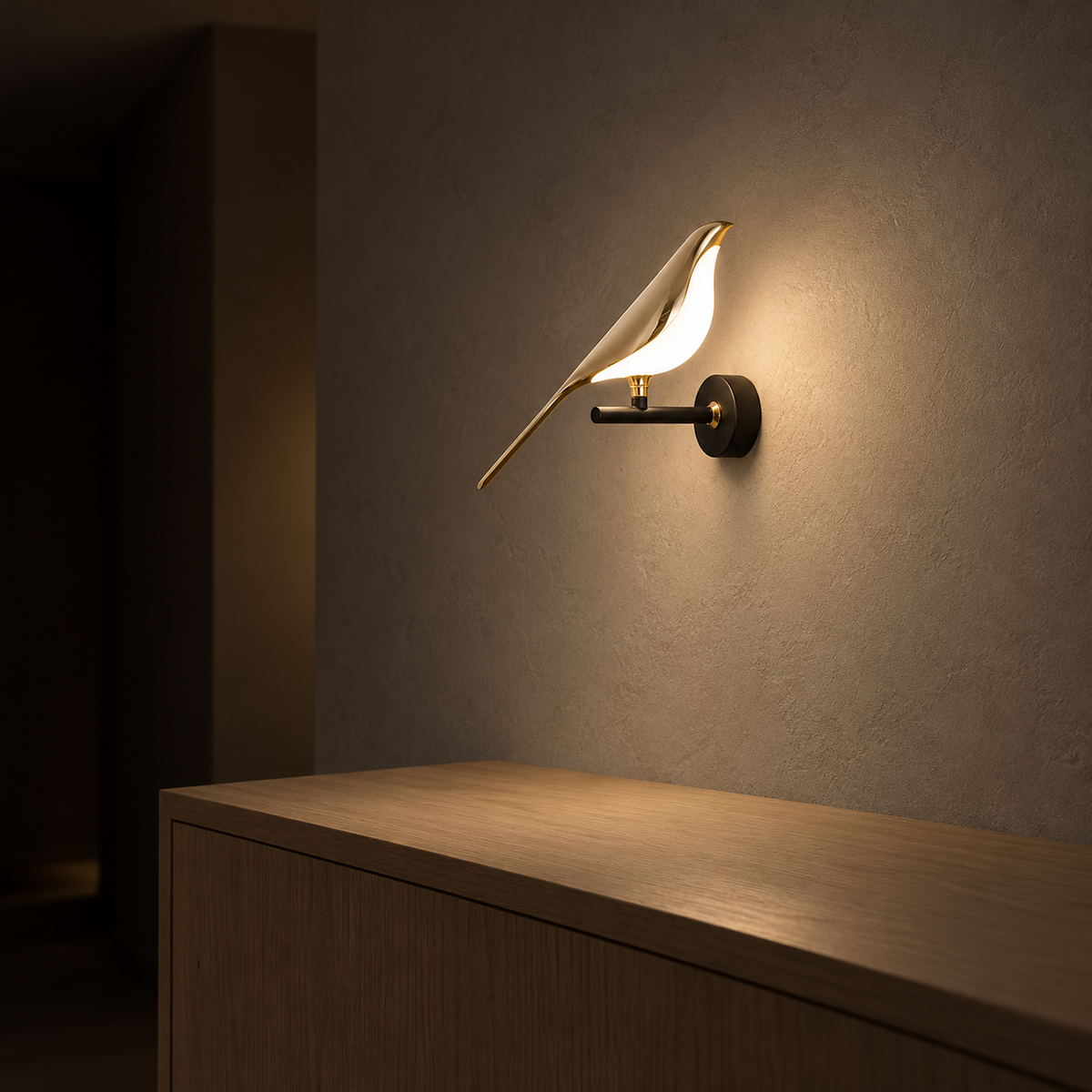 Corsavel 1 bird gold and black wall sconce casting light across an entry passage at night