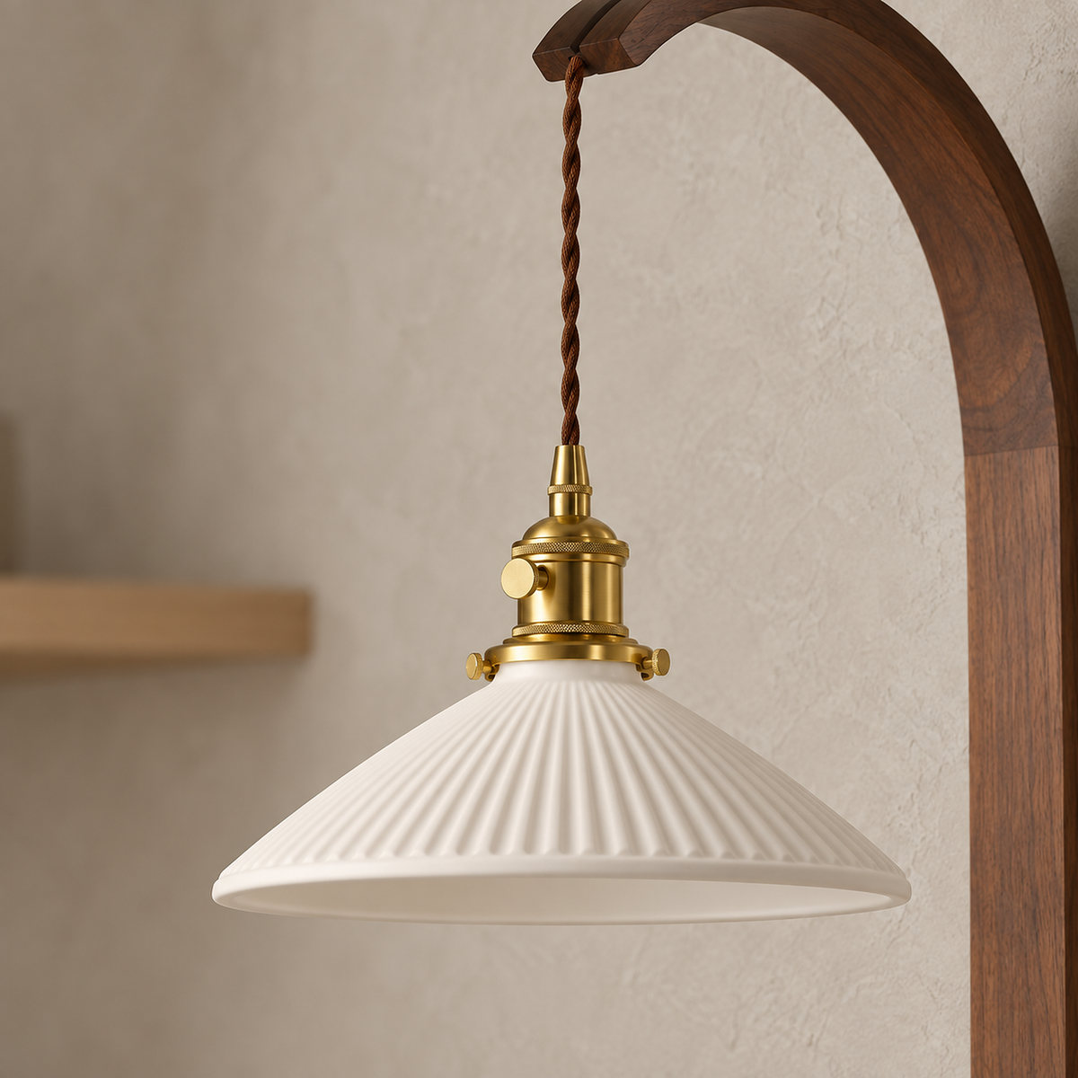 Cosineri walnut color LED wall sconce close up on its ribbed white shade in a home library