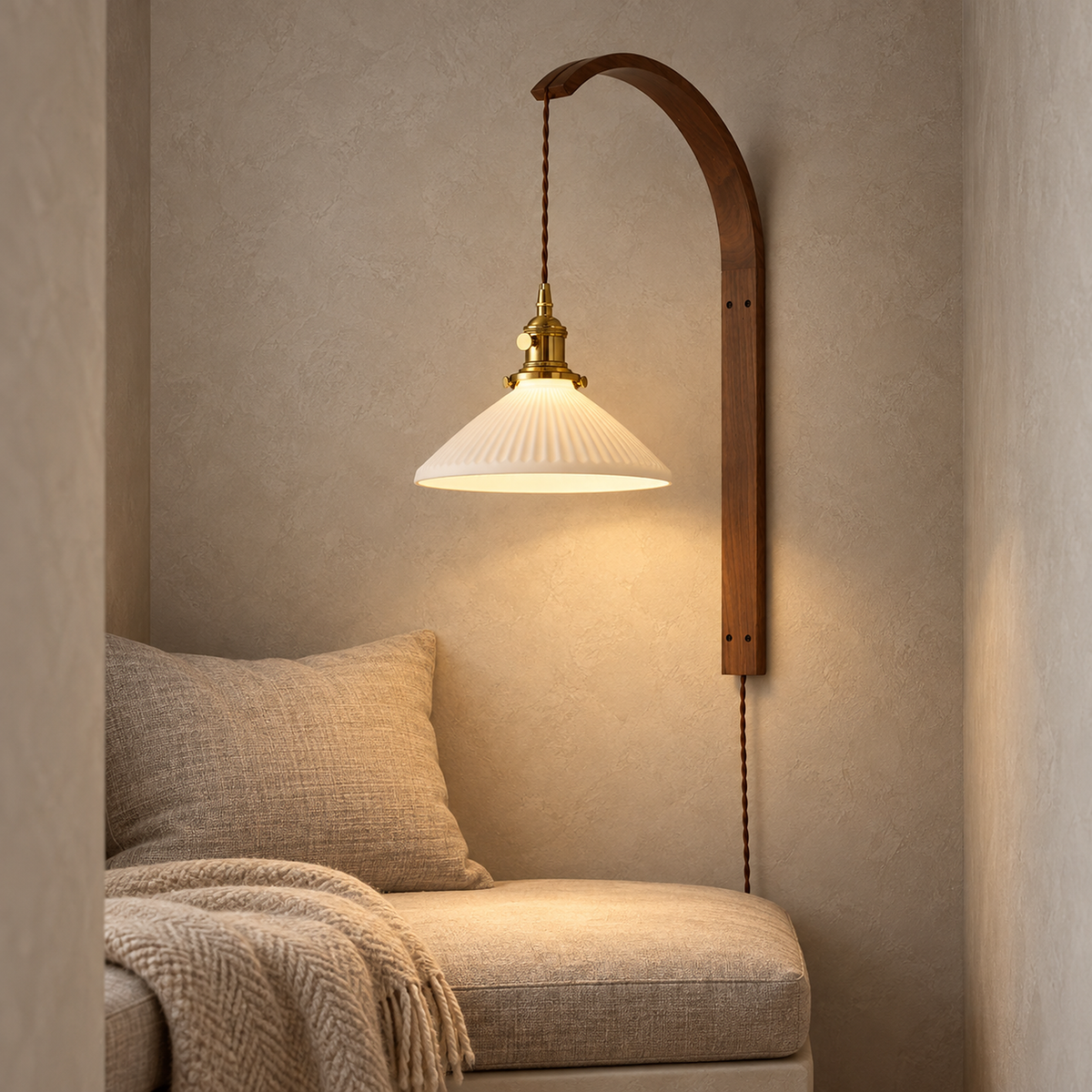 Cosineri walnut color LED wall sconce lit above a narrow cushioned landing seat in daylight