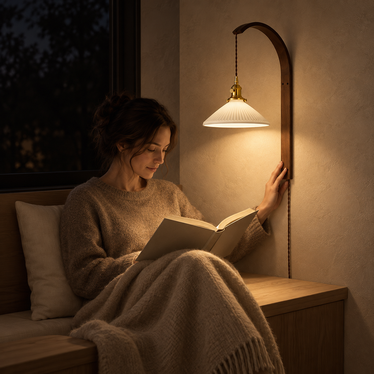 Cosineri walnut color plug in wall sconce as a reading light over a book in a home library at night