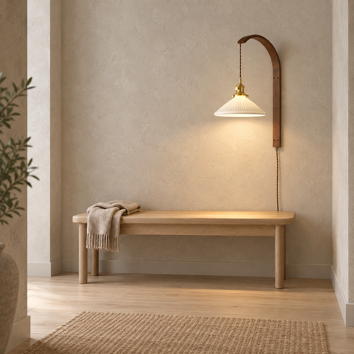 Cosineri walnut color plug in wall sconce lighting an entry hall bench with clear floor below