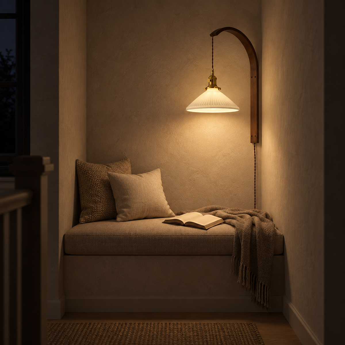 Cosineri walnut color plug in wall sconce lit above a narrow landing bench after dark