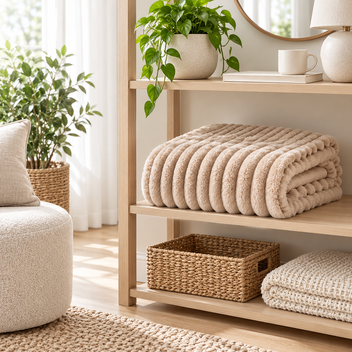 Elarino ribbed plush blanket in brown, fleece throw blanket folded on a dressing room shelf for storage #color_brown