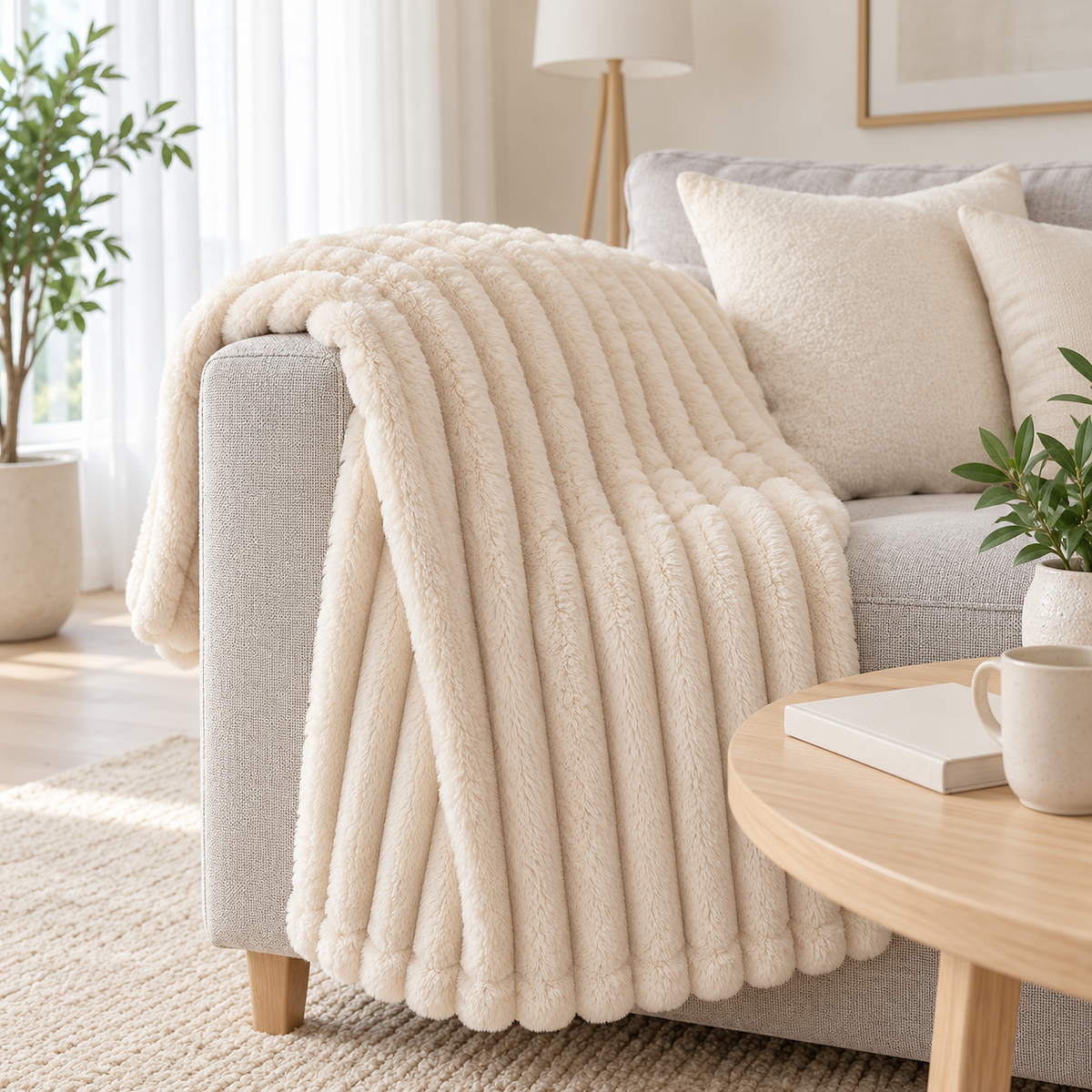 Elarino ribbed plush blanket in cream, a throw blanket for couch draped over a sofa in the living room