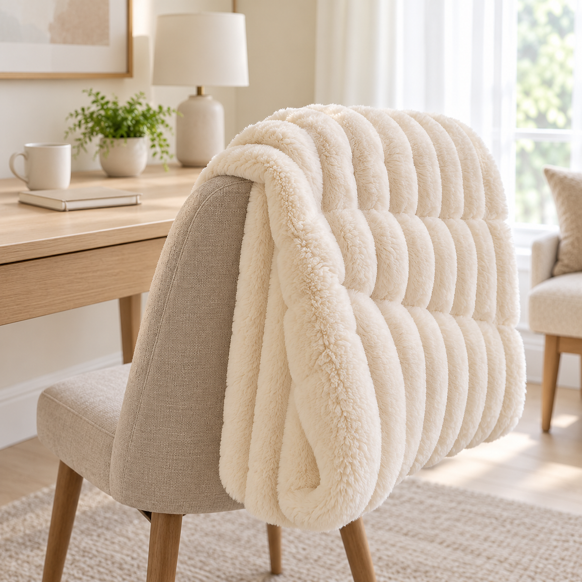 Elarino ribbed plush blanket in cream, faux fur throw blanket corner draped over a writing chair