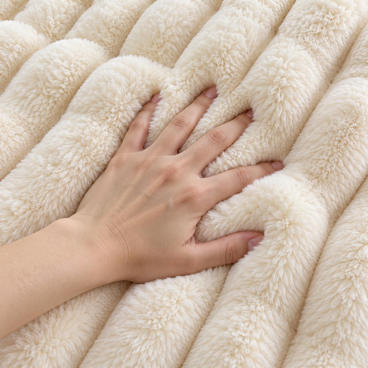 Elarino ribbed plush blanket in cream, fleece throw blanket with an adult hand pressing its rounded plush ribs