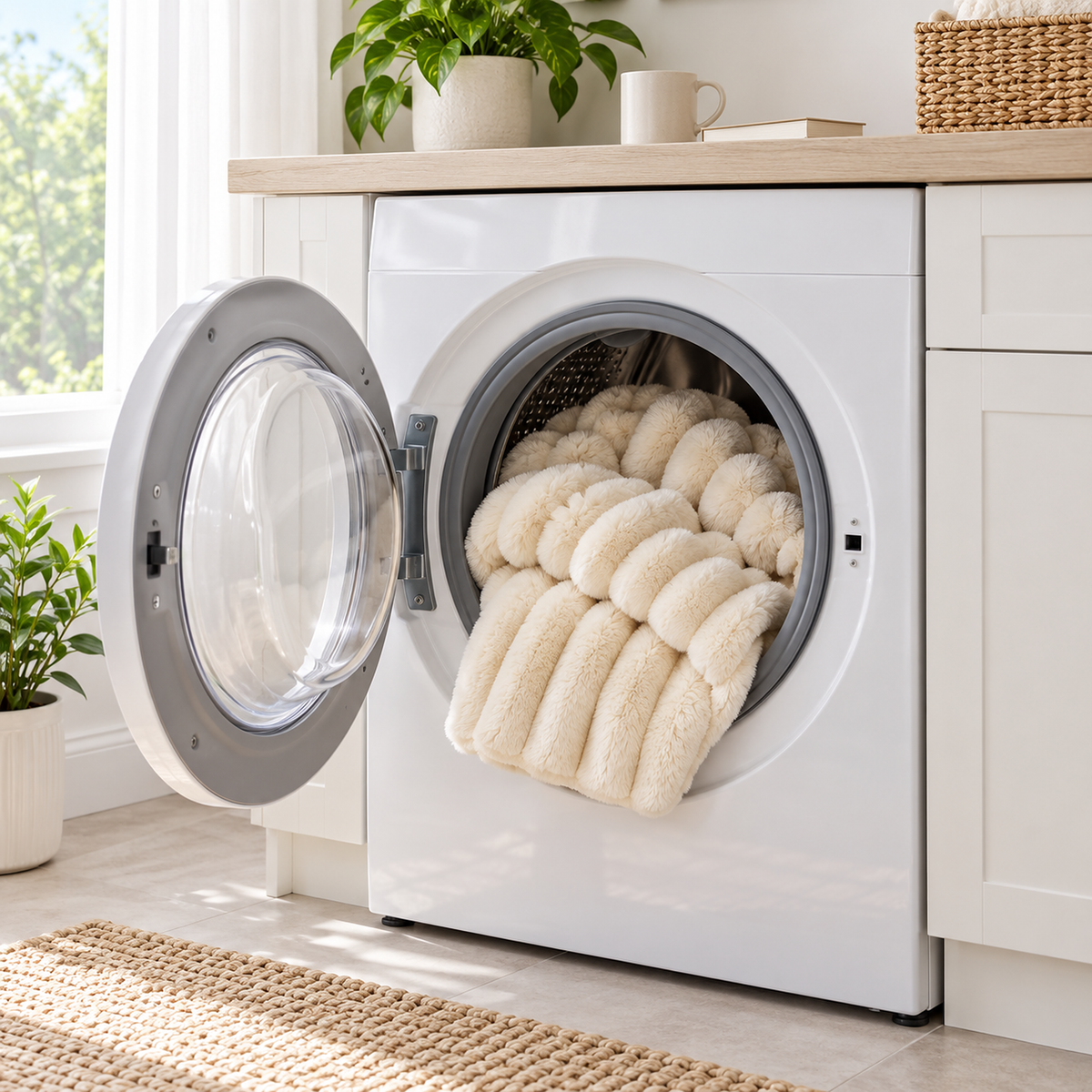 Elarino ribbed plush blanket in cream, machine washable fleece throw blanket ready for the laundry room washer