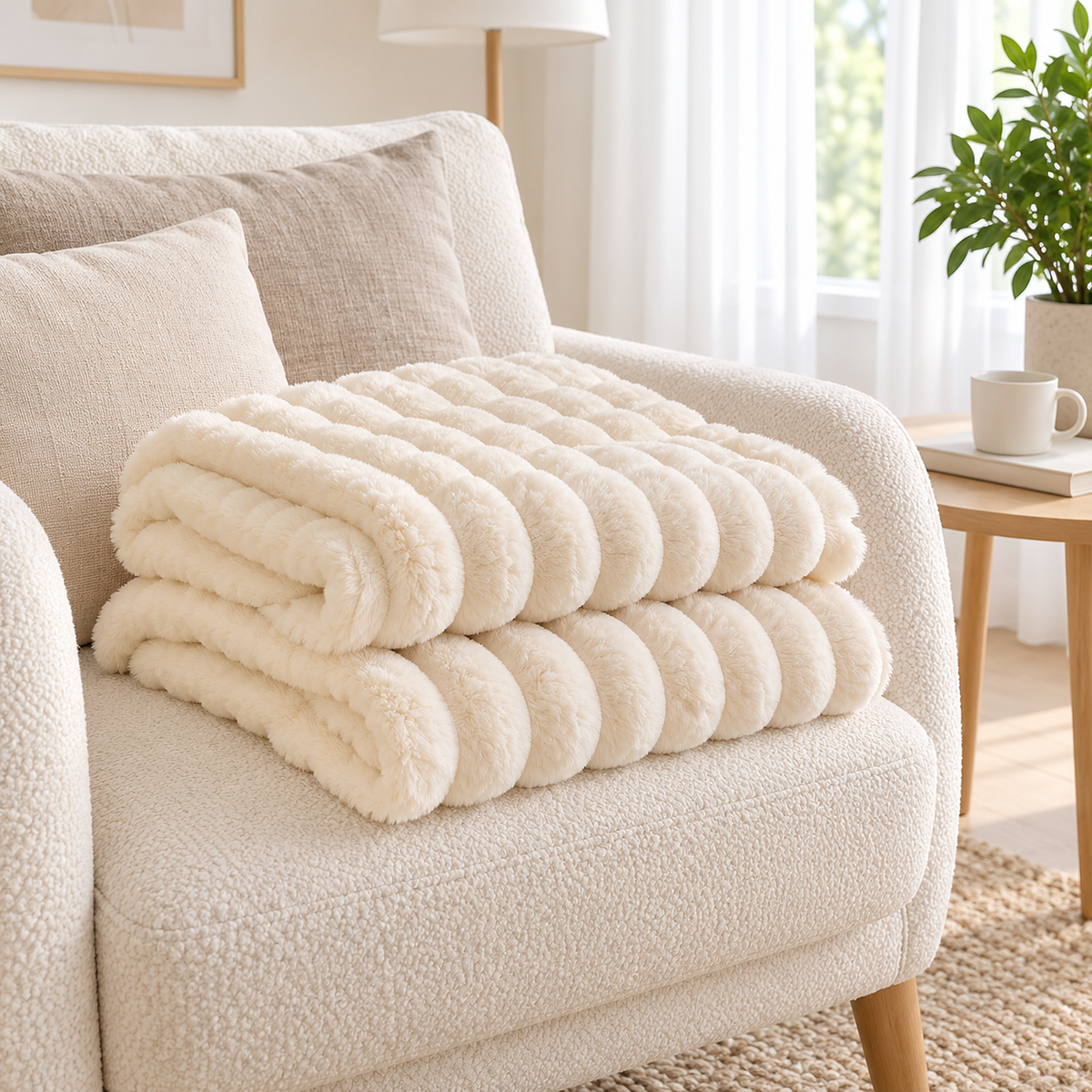 Elarino ribbed plush blanket in cream, soft throw blanket folded on an armchair to show its thickness