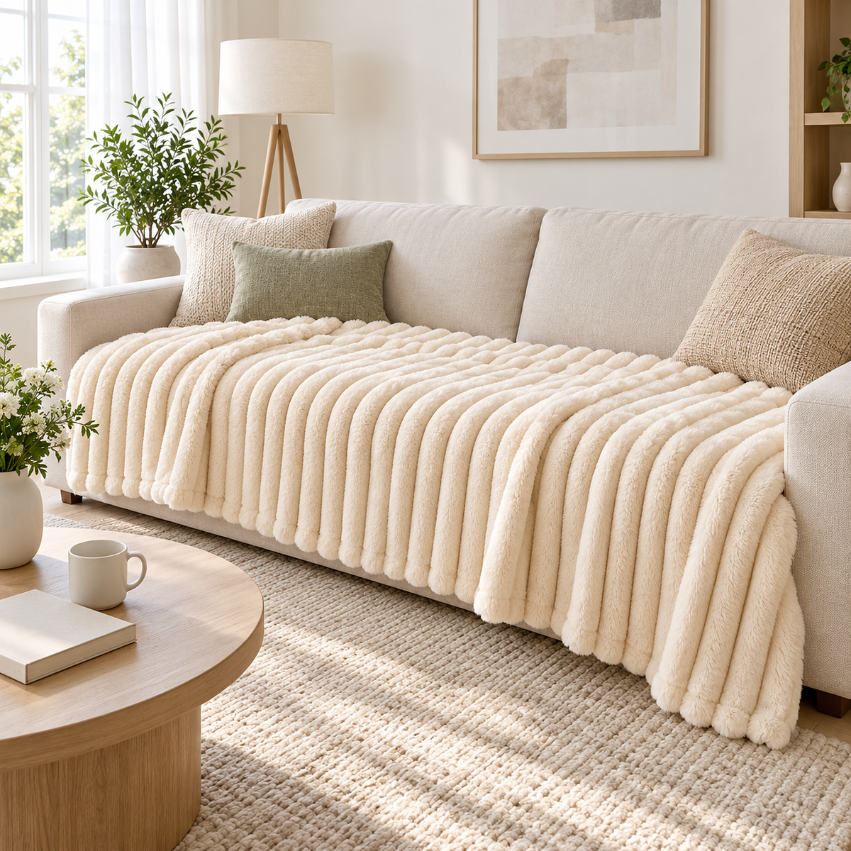 Elarino ribbed plush blanket in cream, throw blanket for couch spread along a bright living room sofa