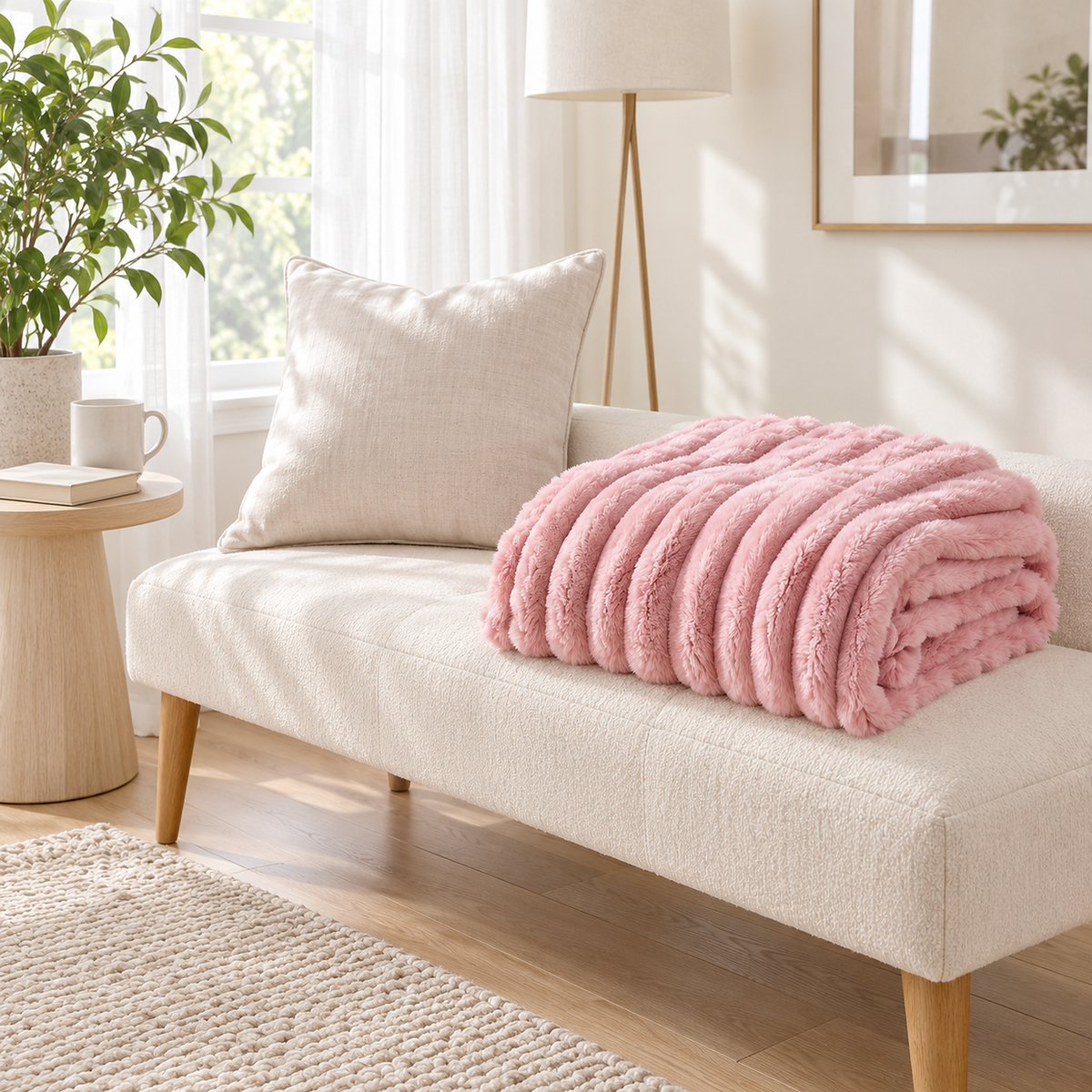 Elarino ribbed plush blanket in pink, throw blanket folded ready on an upholstered bench in a music room #color_pink