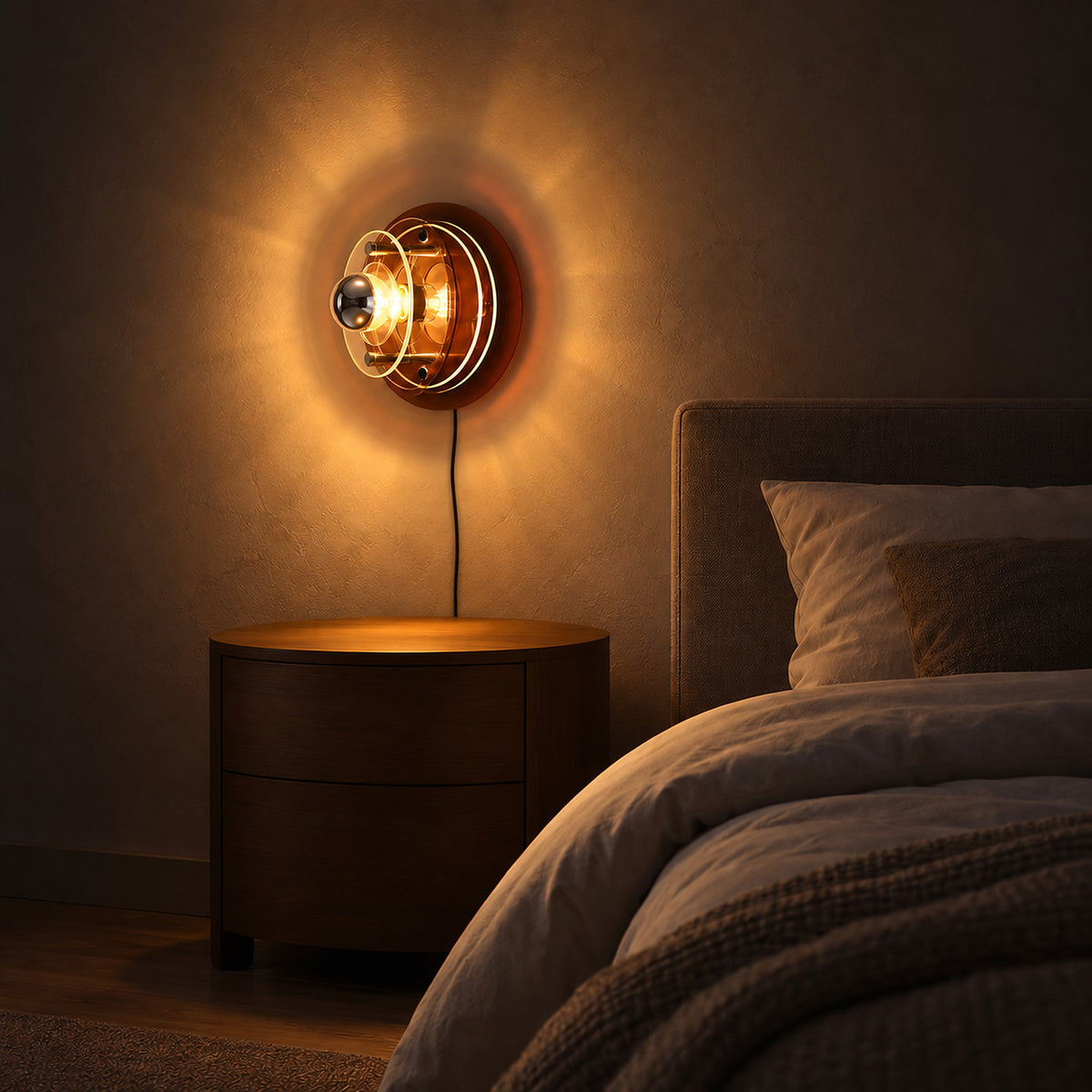 Elsarvo brown bedside wall light spreading warm light beside a bed at night