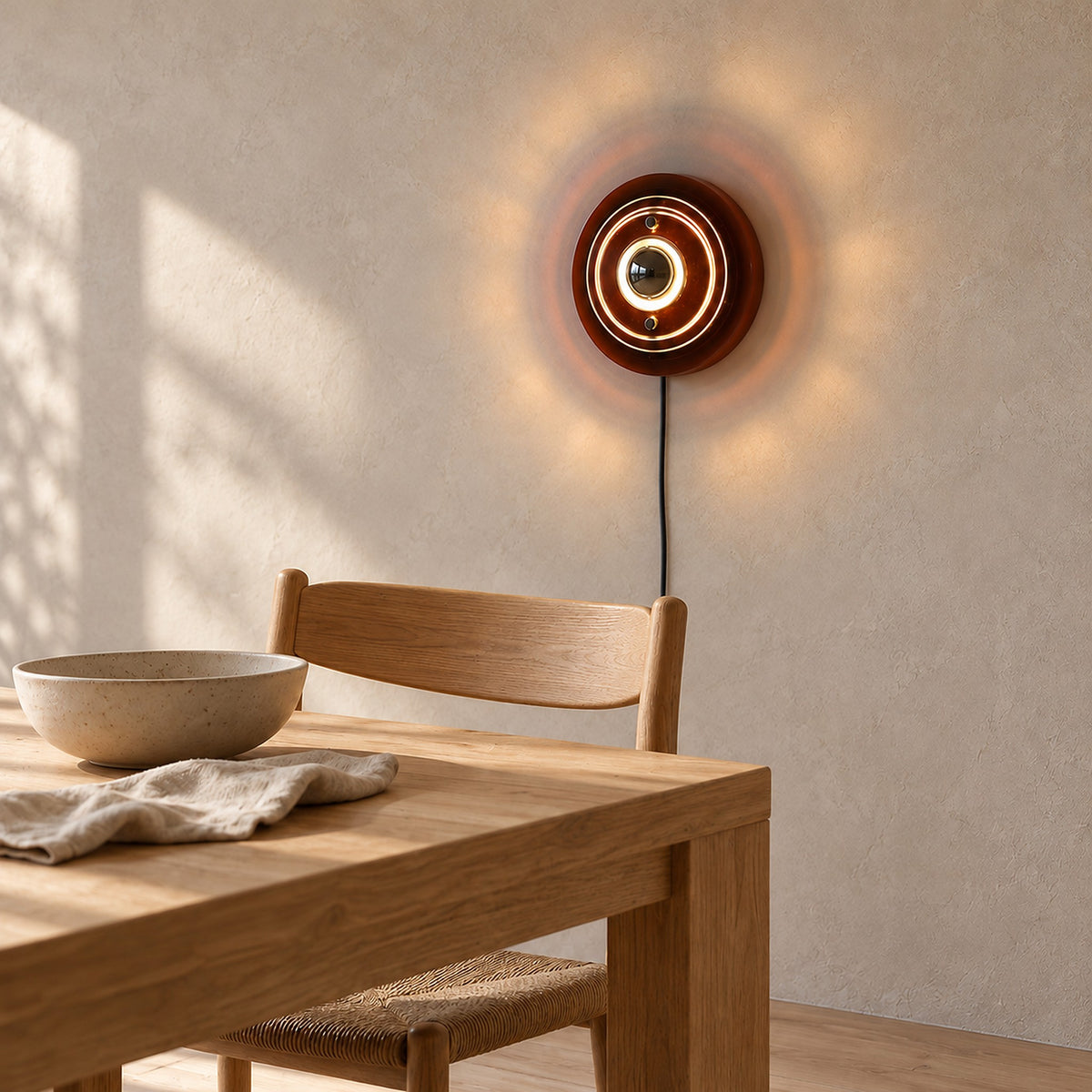 Elsarvo brown plug in wall lamp warming a dining room corner by day