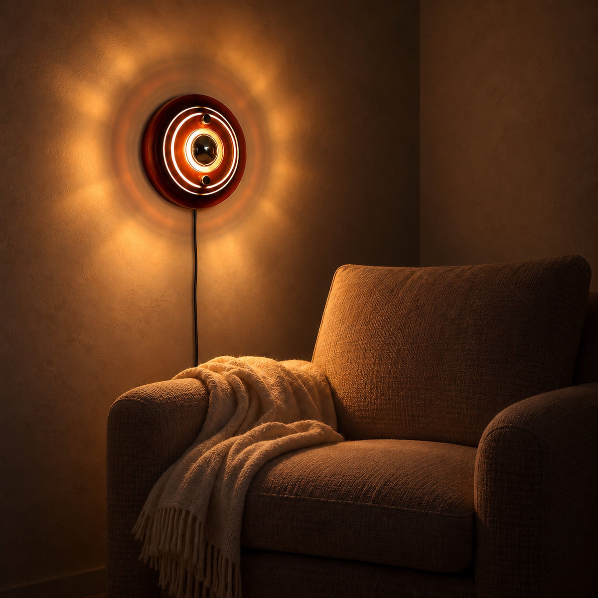 Elsarvo brown wall light casting soft halos beside armchair seating at night