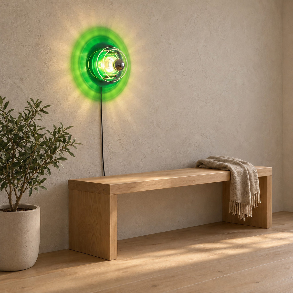 Elsarvo green plug in wall lamp lit above a bench in an entry vestibule #color_green