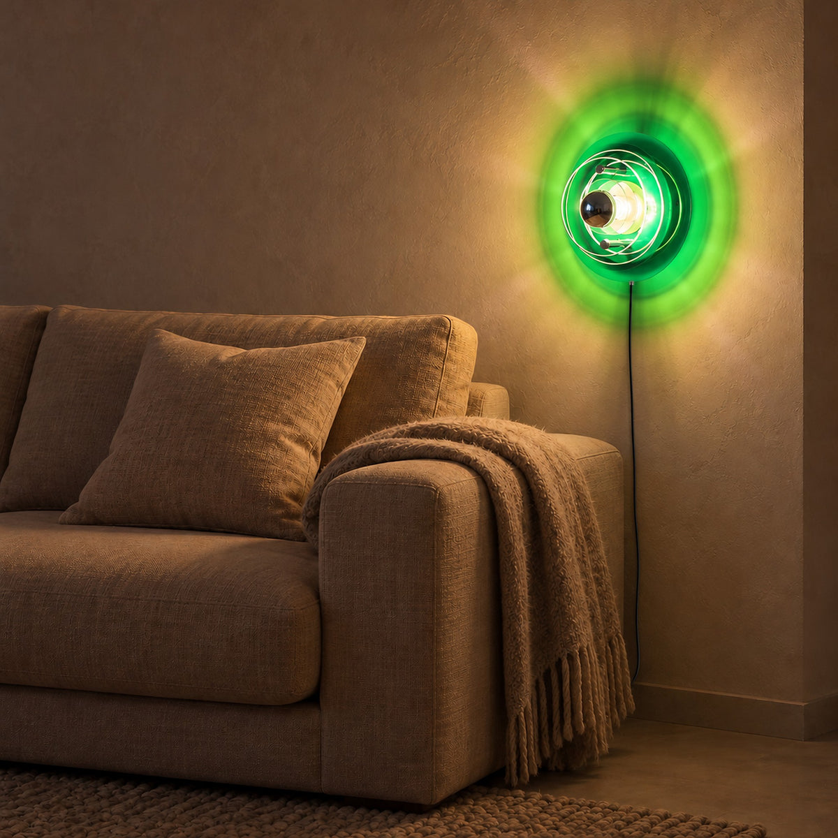 Elsarvo green wall sconce spreading a soft halo beside snug seating #color_green