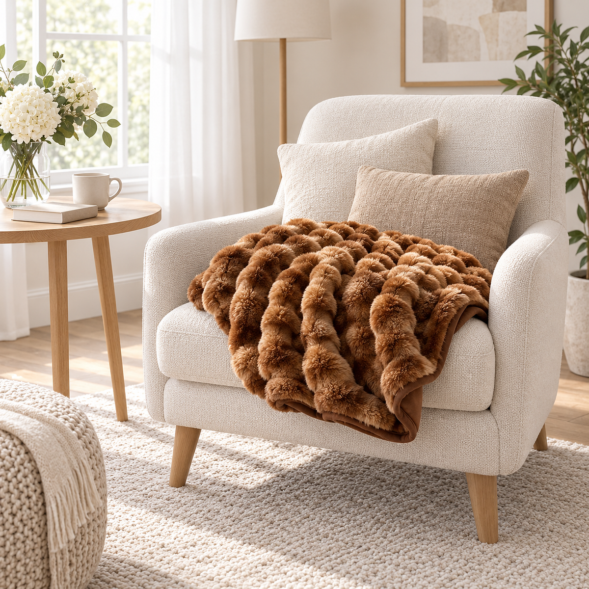 Elvasori caramel faux fur throw blanket loosely folded across a chair in a breakfast reading alcove #color_caramel