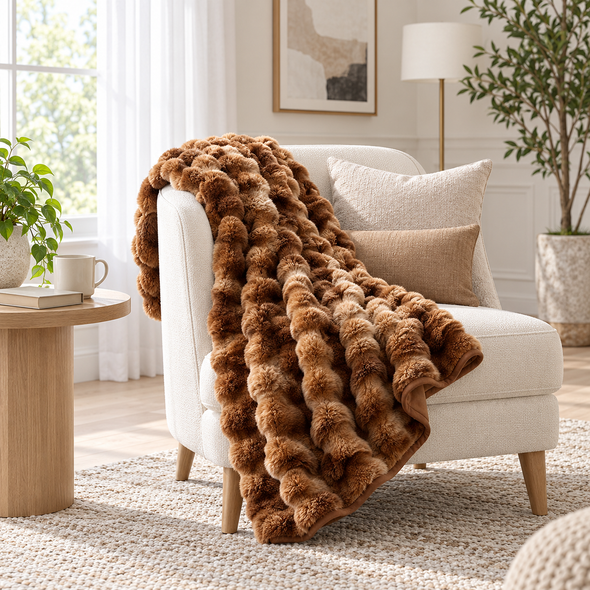 Elvasori caramel plush throw blanket draped over an ivory slipper chair in a landing sitting nook #color_caramel