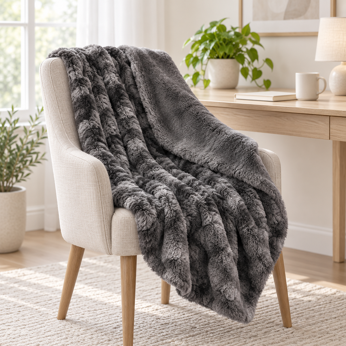 Elvasori gray fleece throw blanket with a corner turned back to show plush fabric on both sides