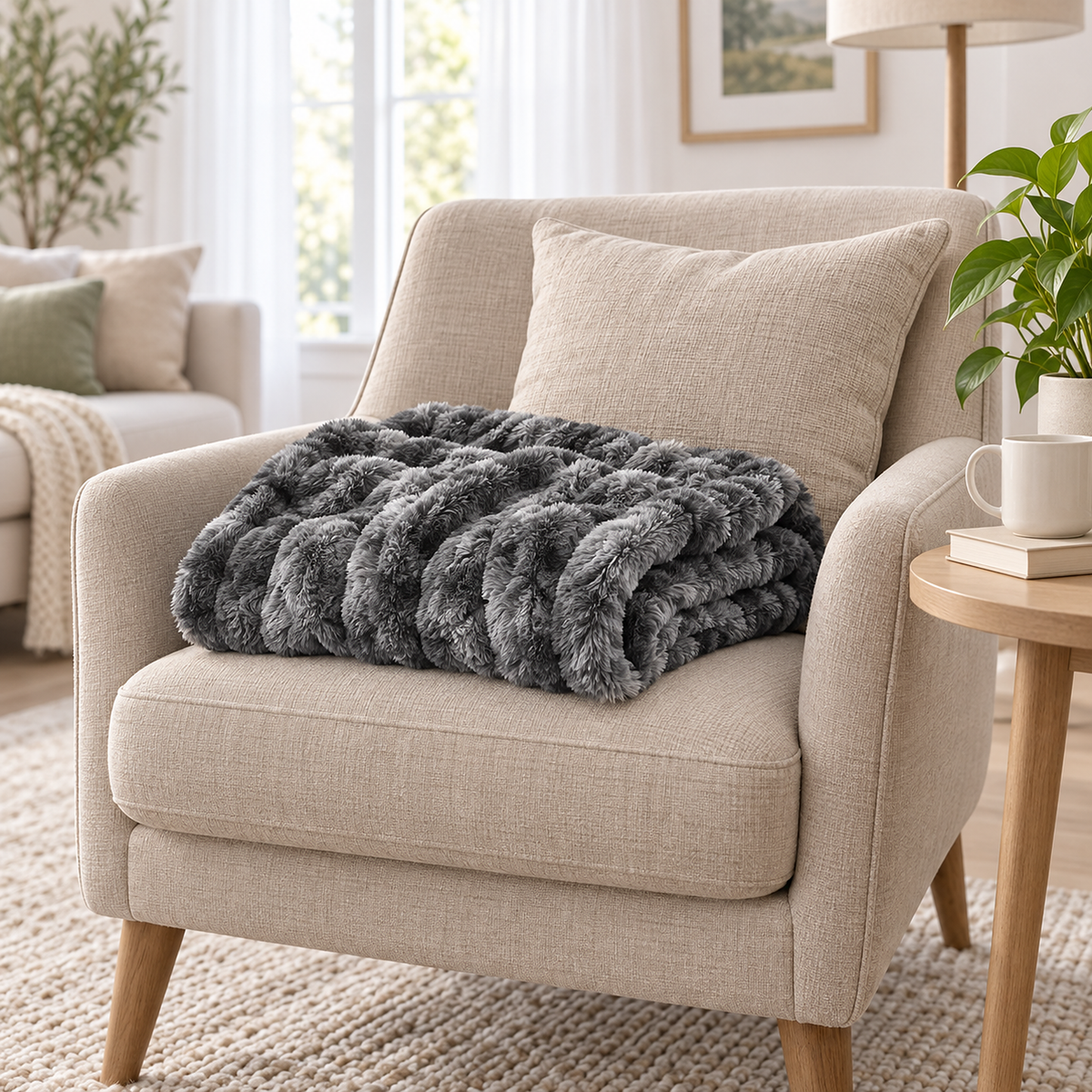 Elvasori gray plush throw blanket folded on a chair to show its double layer thickness