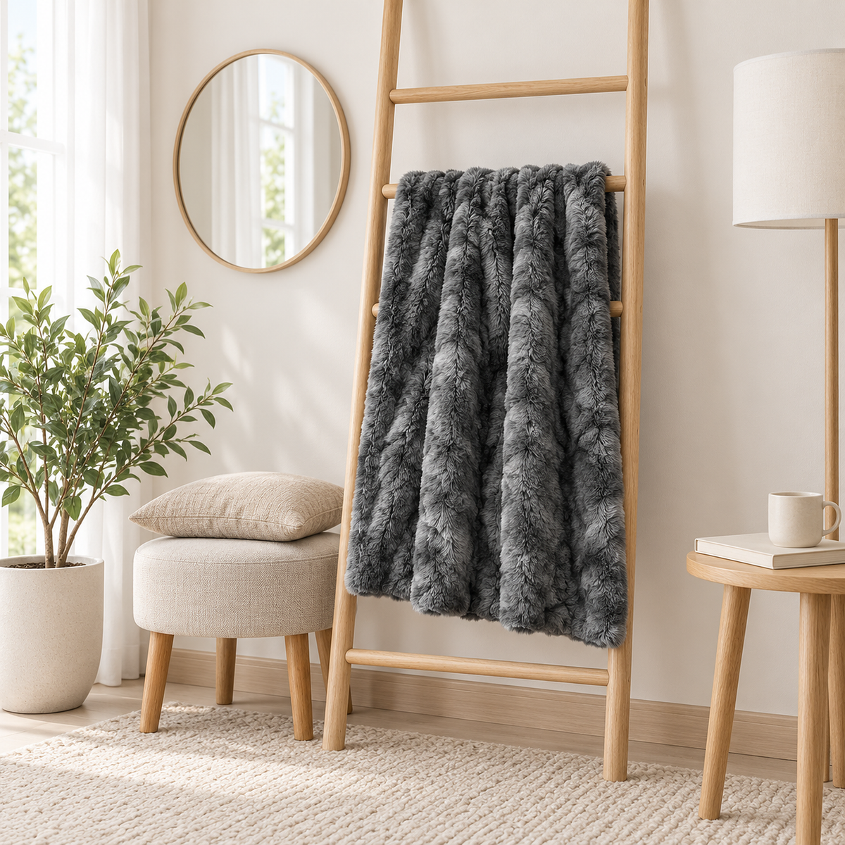 Elvasori gray soft throw blanket opened over a wooden ladder in a dressing room