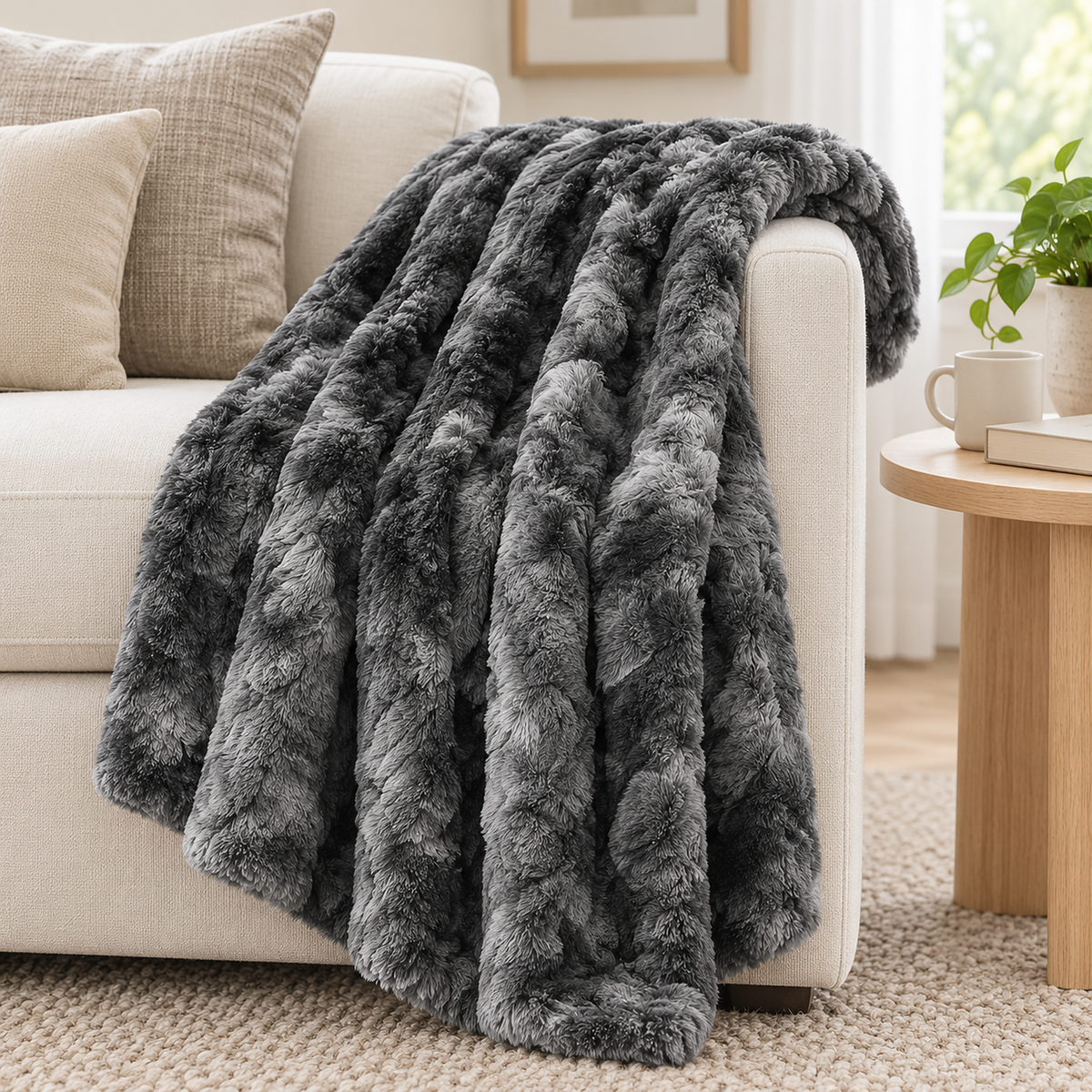 Elvasori gray throw blanket for couch draped over the arm of an ivory sofa in a living room