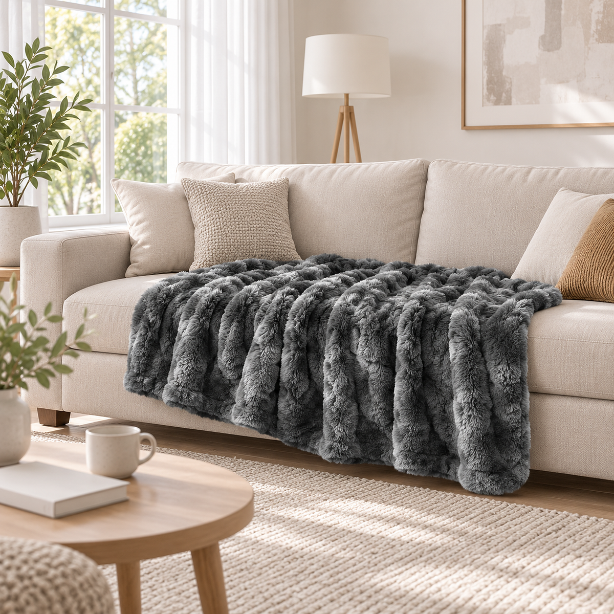 Elvasori gray throw blanket for couch spread across the seat of an ivory sofa in a living room