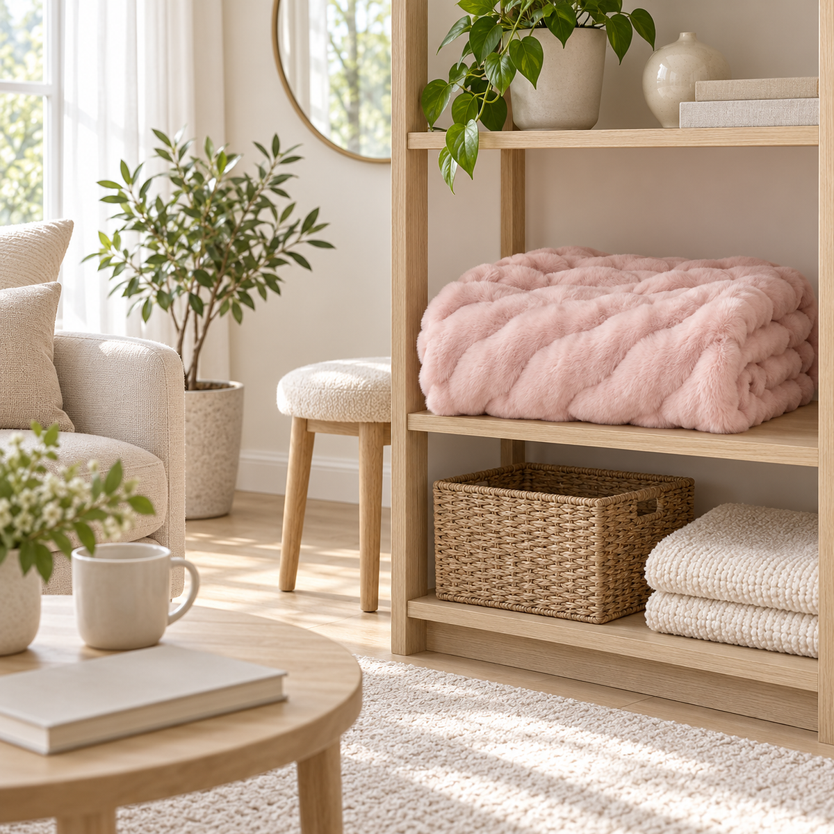 Elvasori pink plush throw blanket in rabbit fur look faux fur, folded on a shelf in a storage alcove #color_pink