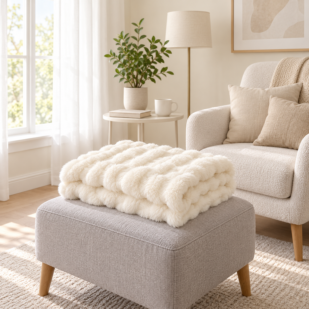 Elvasori white fleece throw blanket folded on a gray ottoman in a guest dressing alcove #color_white